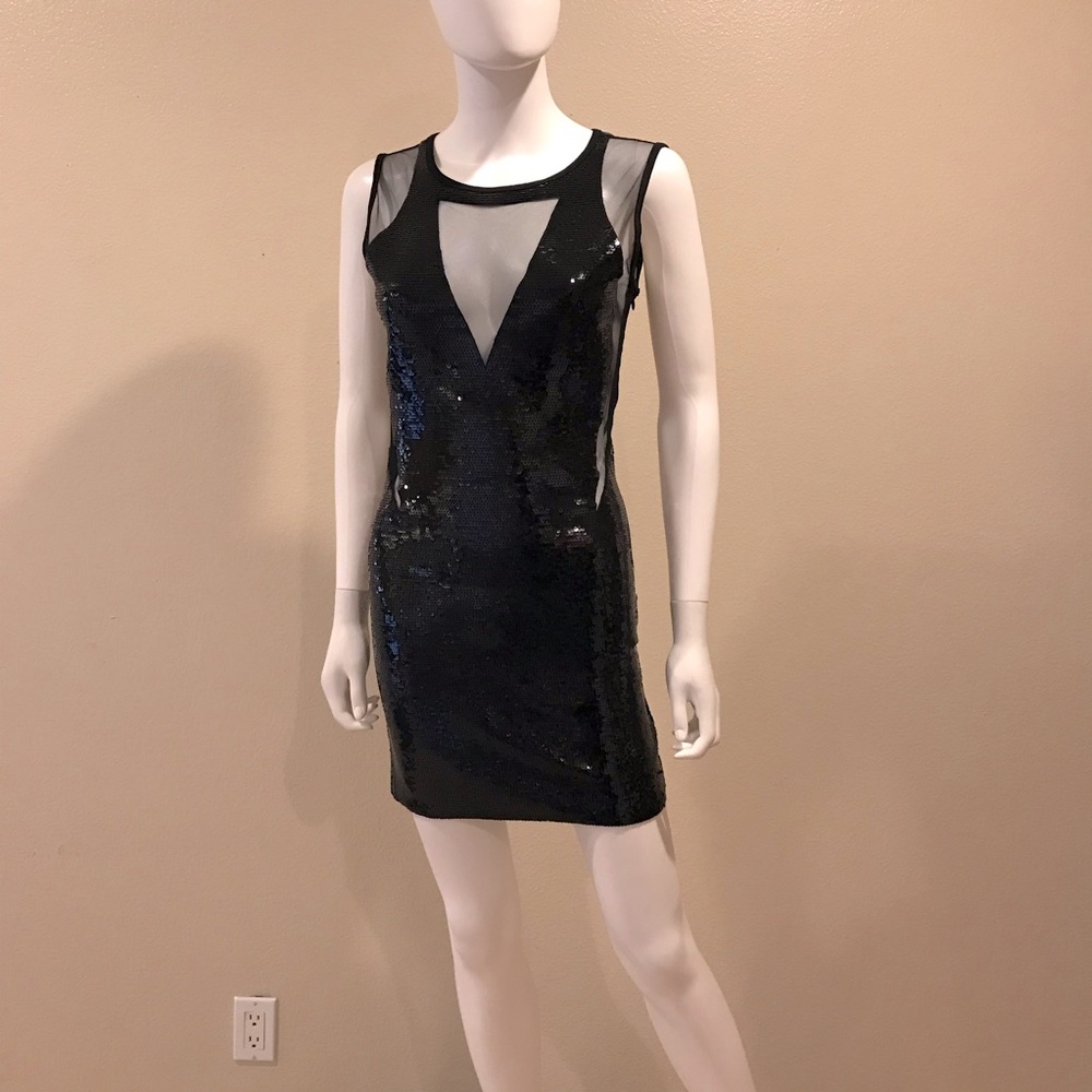 Black Sequins Mini Dress NEW Womens Size XS Extra Small Mesh Party Club Chic